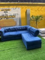 BARELY USED TOP QUALITY L SHAPE BLUE SOFA WITH ONE MODERN ACCENT CHAIR - Image 4