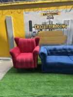 BARELY USED TOP QUALITY L SHAPE BLUE SOFA WITH ONE MODERN ACCENT CHAIR - Image 3