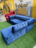 BARELY USED TOP QUALITY L SHAPE BLUE SOFA WITH ONE MODERN ACCENT CHAIR - Image 2