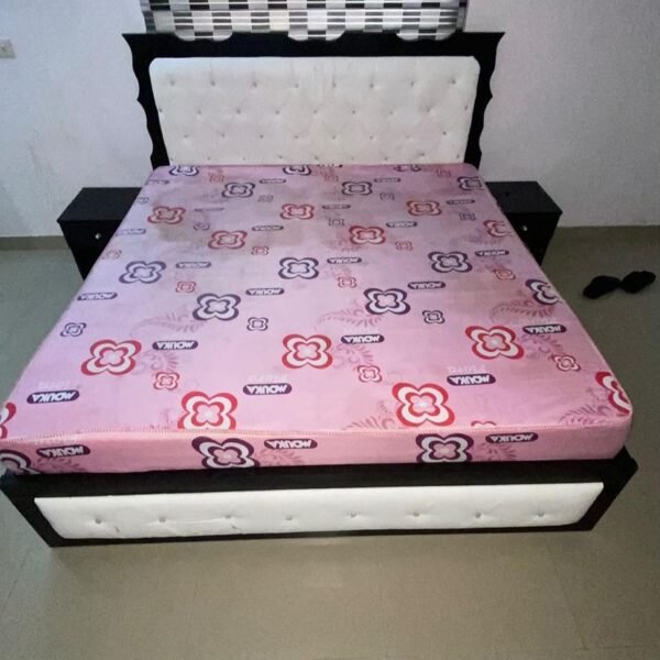 Neatly used 6by6 white bedframe with pink mattress and side stool