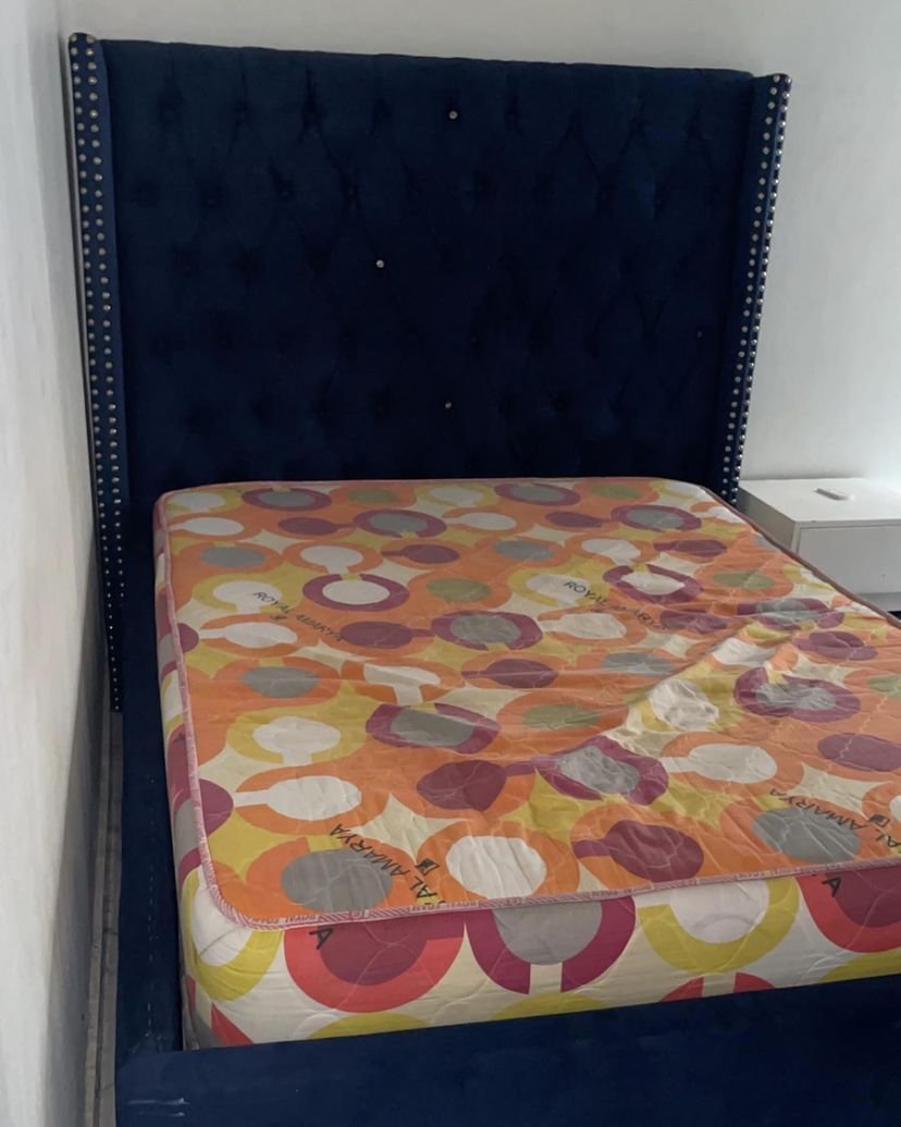 87E67800-656E-4E5D-B419-651BC59DF13F 4.5by6 Navy Blue bedframe with mattress - Image 1