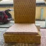 Relatively new 9ft tall 6by6 yellow bedframe and 6by6 12 inch full orthopedic mattress and One side drawer