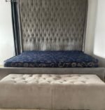 Barely used 7by7 upholstery bedframe with semi orthopedic mattress and ottoman - Image 2