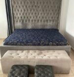 Barely used 7by7 upholstery bedframe with semi orthopedic mattress and ottoman - Image 5