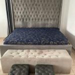 Barely used 7by7 upholstery bedframe with semi orthopedic mattress and ottoman