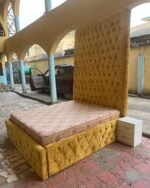 Relatively new 9ft tall 6by6 yellow bedframe and 6by6 12 inch full orthopedic mattress and One side drawer - Image 6