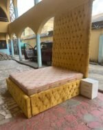Relatively new 9ft tall 6by6 yellow bedframe and 6by6 12 inch full orthopedic mattress and One side drawer - Image 2