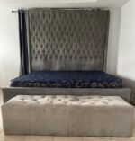 Barely used 7by7 upholstery bedframe with semi orthopedic mattress and ottoman - Image 4