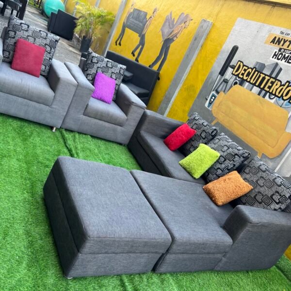 Neatly Used L Shape Sofa With 2 Single Seater, Ottoman And Throw Pillows