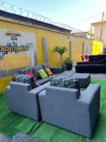 Neatly Used L Shape Sofa With 2 Single Seater, Ottoman And Throw Pillows - Image 3