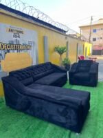 Neatly Used Black L Shape Sofa With Single Sofa Set