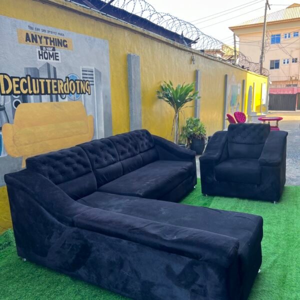 Neatly Used Black L Shape Sofa With Single Sofa Set