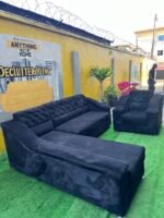 Neatly Used Black L Shape Sofa With Single Sofa Set - Image 15
