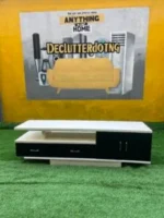 Barely Used Top Quality Imported White And Black Glossy Adjustable Tv Console With 3 Drawers - Image 3