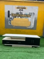 Barely Used Top Quality Imported White And Black Glossy Adjustable Tv Console With 3 Drawers - Image 4