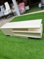 Barely Used Top Quality Imported White And Black Glossy Adjustable Tv Console With 3 Drawers - Image 2
