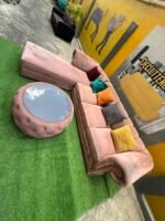 Neatly Used L Shape Peach Sofa With Center Piece And Pillows(Needs Washing) - Image 2