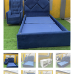 Barely Used 4.5by6 Blue Upholstery Bedframe With Single Chair And 2 Bedside Drawers