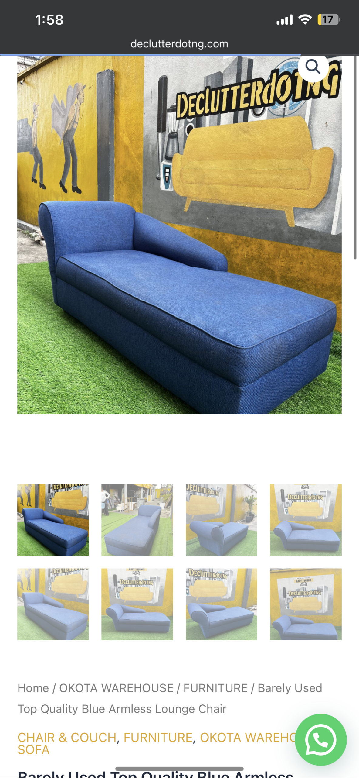 IMG_2489 2 Barely Used Top Quality Blue Armless Lounge Chair - Image 1