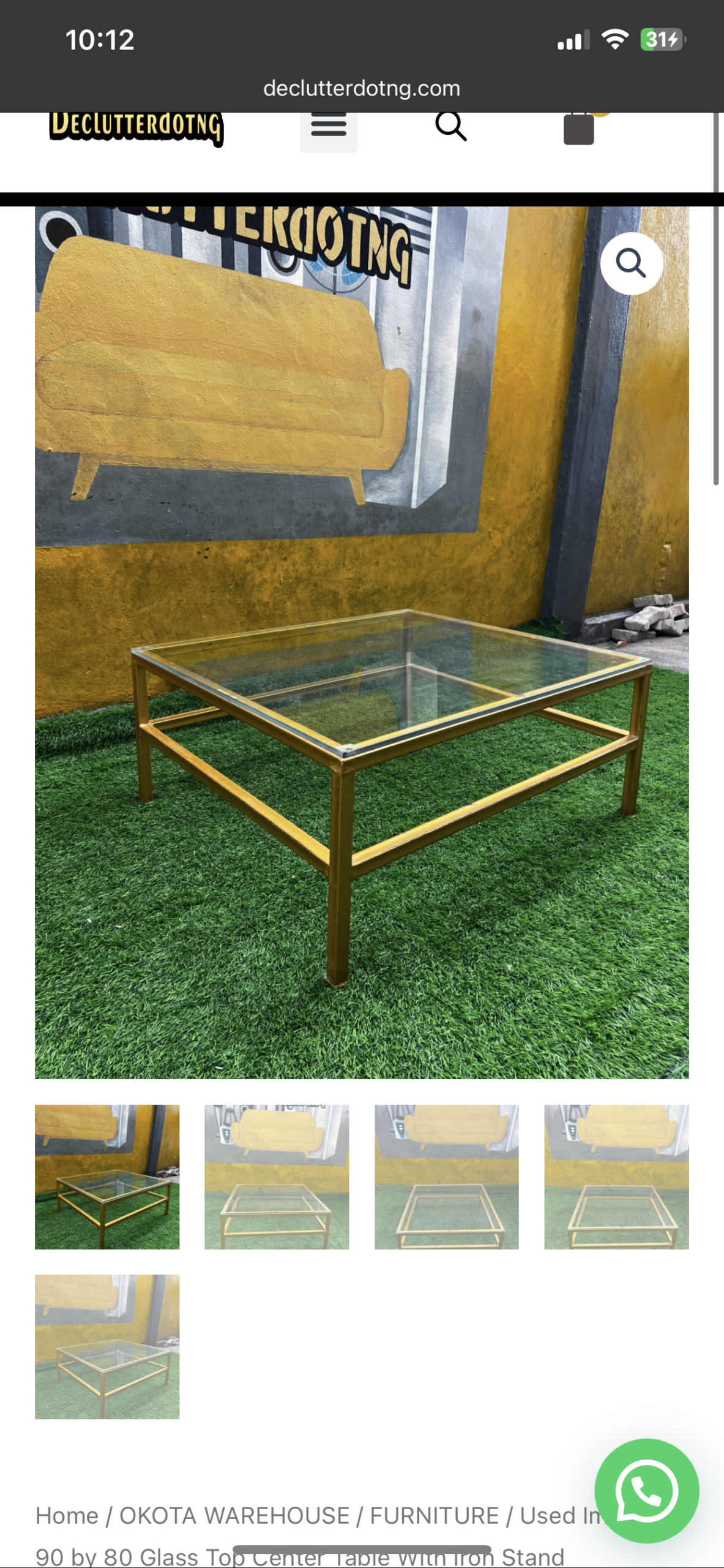 IMG_2658 Used Imported 90 by 80 Glass Top Center Table With Iron Stand - Image 1