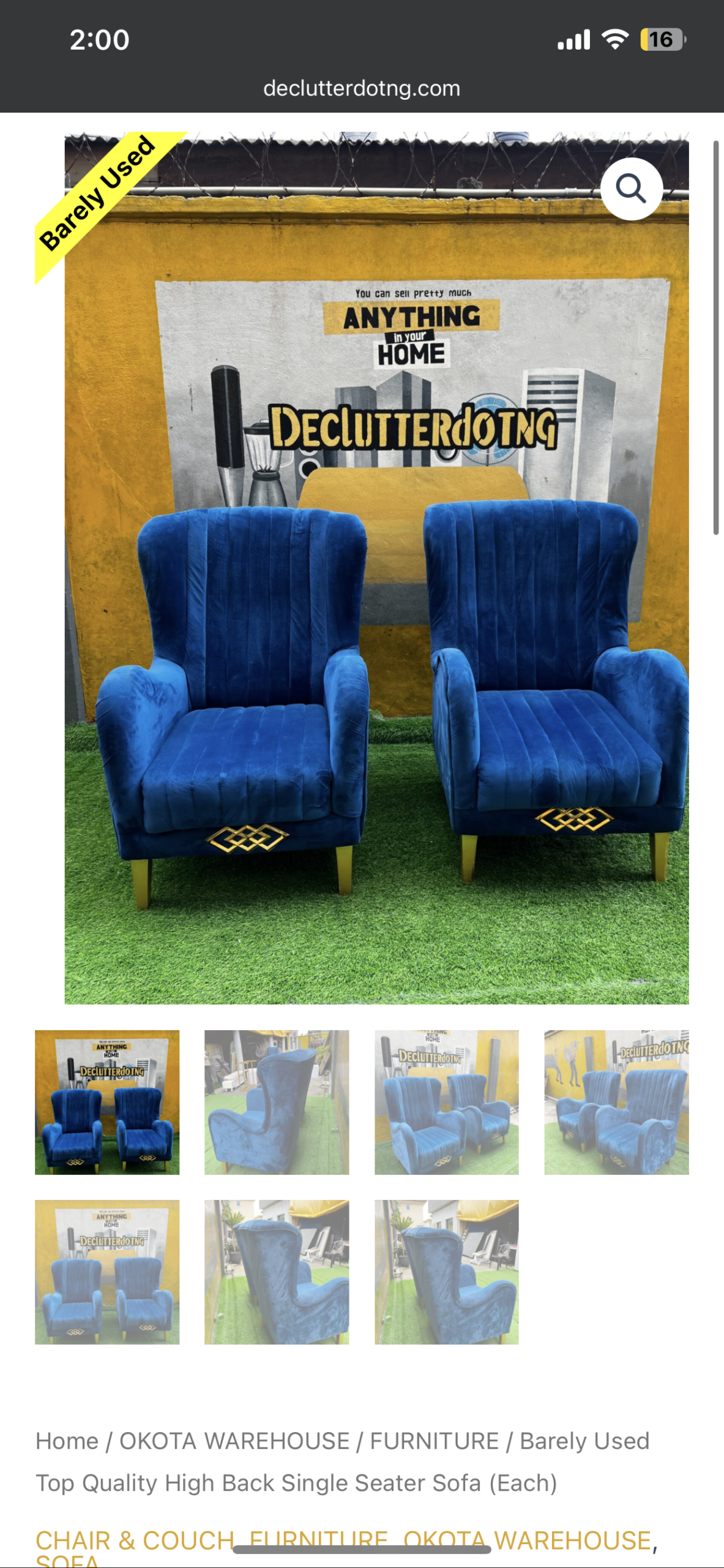 Barely Used Top Quality High Back Single Seater Sofa (Each)