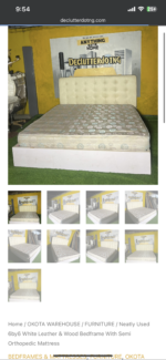 Neatly Used 6by6 White Leather & Wood Bedframe With Semi Orthopedic Mattress