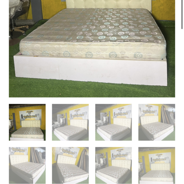 Neatly Used 6by6 White Leather & Wood Bedframe With Semi Orthopedic Mattress