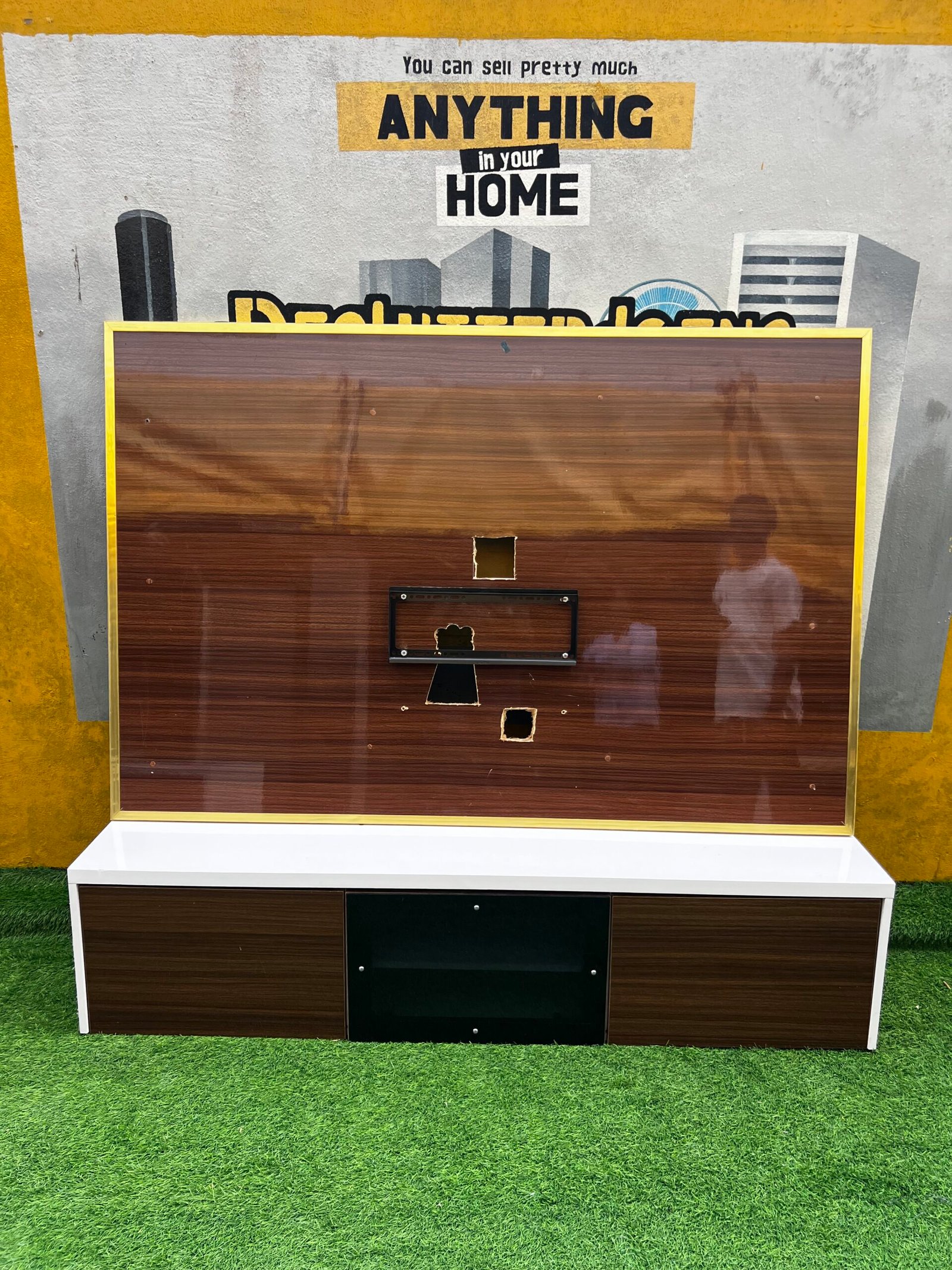 IMG_8015 Barely Used Top Quality Brown Glossy Wood Tv Console - Image 1