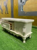 Barely Used Glass Top Quality Cream Tv Console With Drawer - Image 2