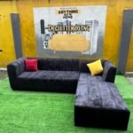 Brand New Black Sued 5 Seater L Shape Sofa With Two Throw Pillows