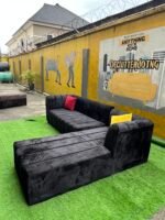 Brand New Black Sued 5 Seater L Shape Sofa With Two Throw Pillows - Image 2