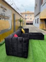 Brand New Black Sued 5 Seater L Shape Sofa With Two Throw Pillows - Image 5