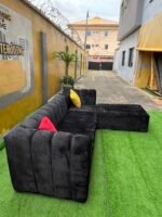 Brand New Black Sued 5 Seater L Shape Sofa With Two Throw Pillows - Image 6
