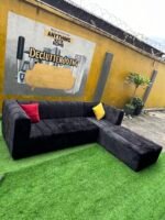 Brand New Black Sued 5 Seater L Shape Sofa With Two Throw Pillows - Image 8