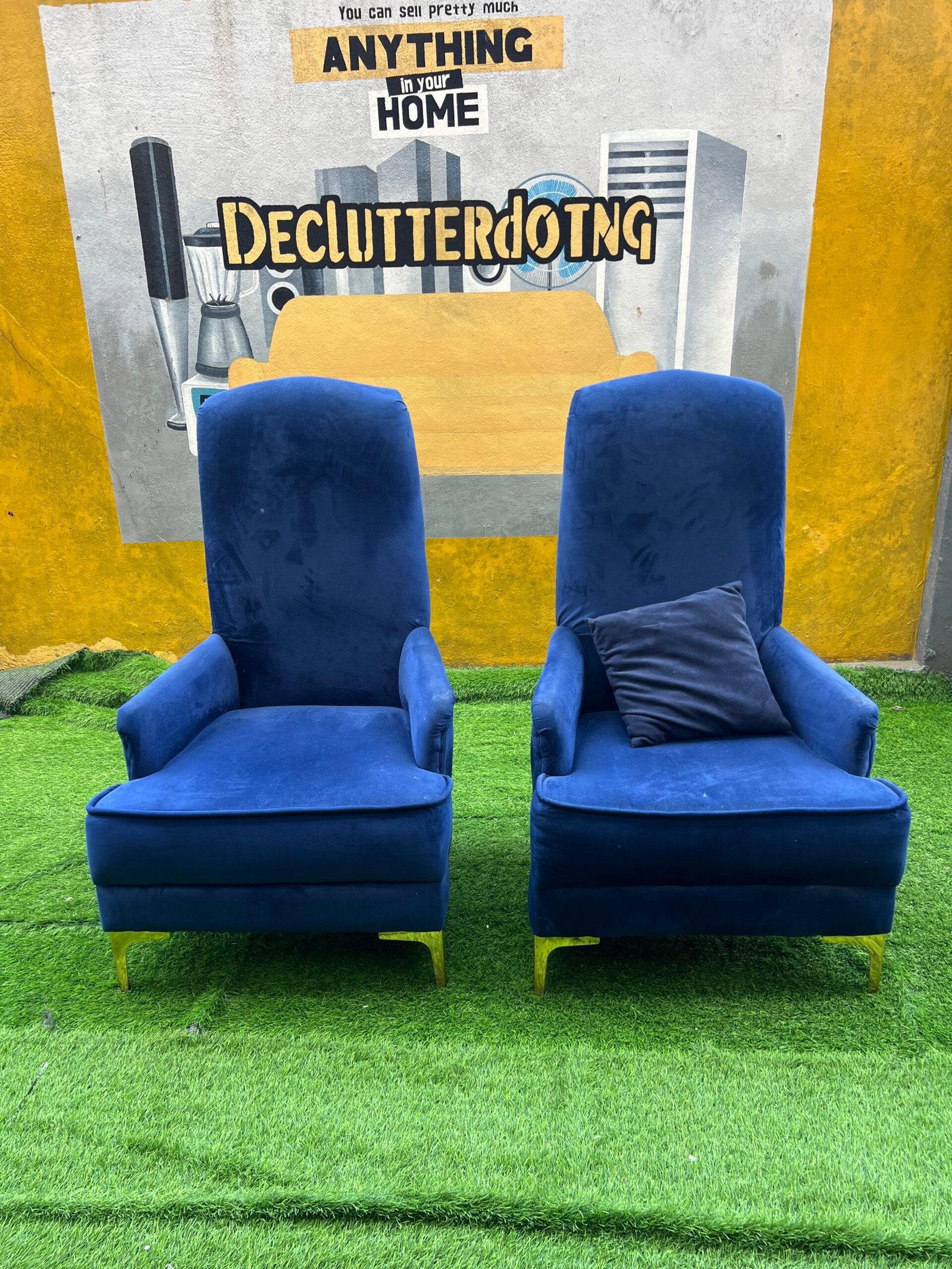 IMG_6683 Neatly Used Blue Accent Armless Chair With Pillows - Image 1